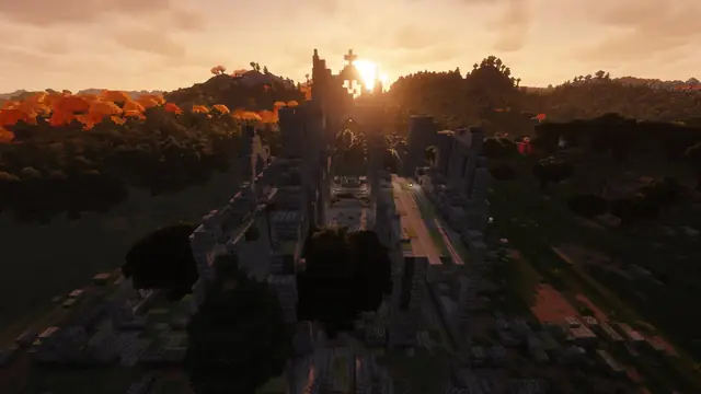 The Fallen Abbey: a roofless stone church in an autumn forest, the sun low behind its tower.