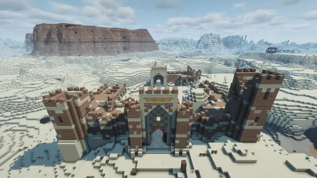 The Caravanserai: a walled desert fort with corner towers on white sand.