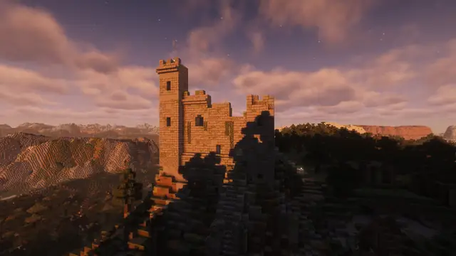 The Hill Keep, a ruined castle on a ridge in low sec at sunset.