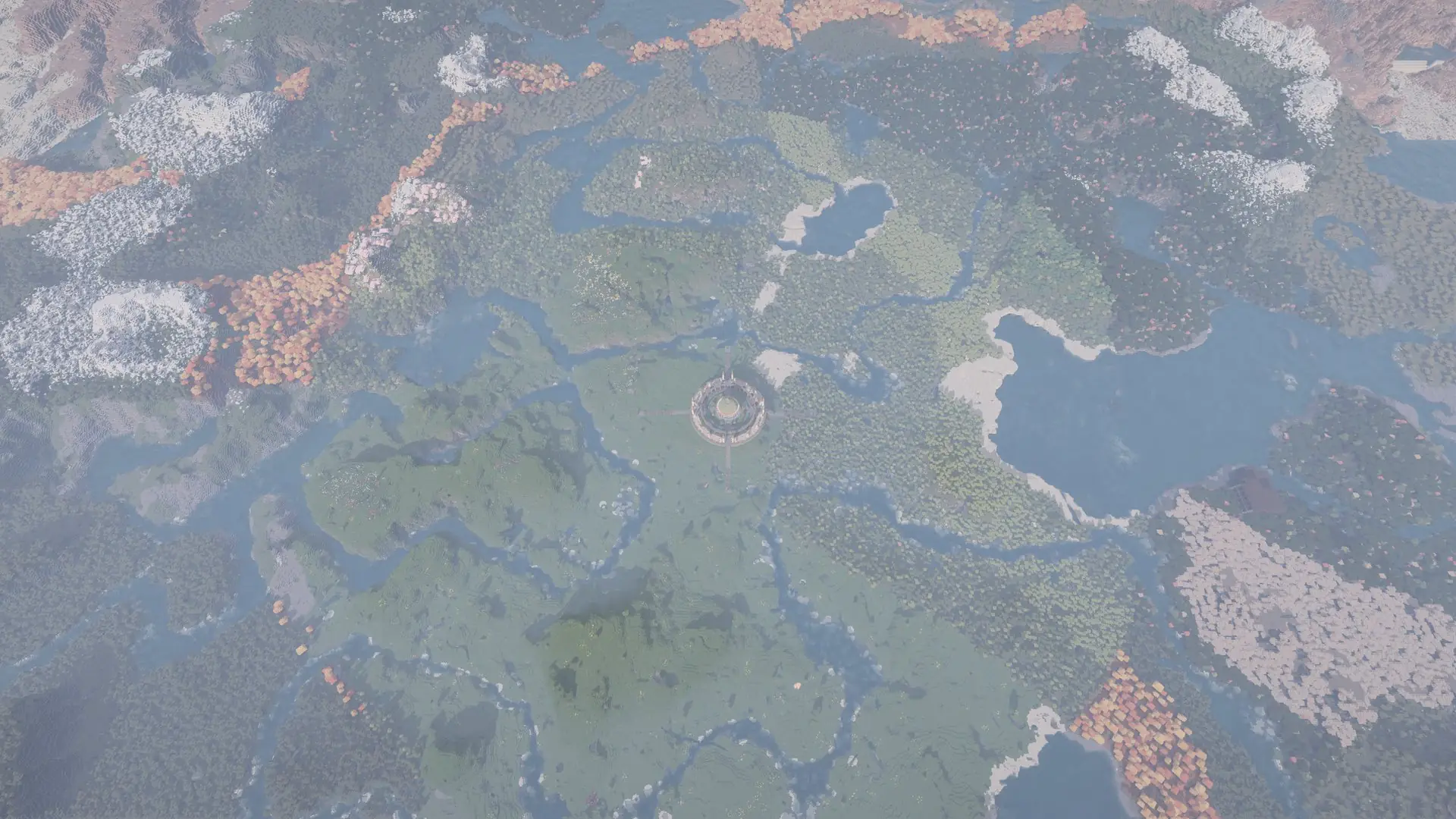 The whole OreWars map from high above spawn: a green, wet middle with the Ring Sanctuary at its centre and dry land around it.
