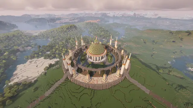 The Ring Sanctuary, the domed spawn hall, on a green hill in high sec.
