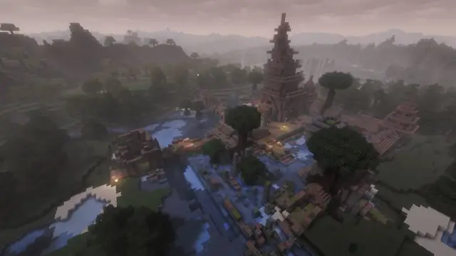 The Sunken Temple: a spired temple half under water in a misty mangrove swamp.
